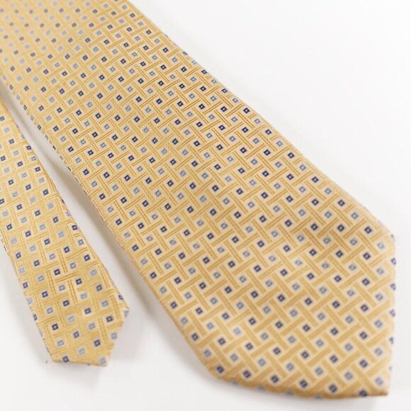 Pronto Uomo Yellow‎ Blue Geomeric Check Woven Silk Tie - Picture 1 of 6
